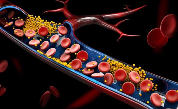 blood cells with plaque buildup of cholesterol