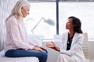 A female physician explaining breast cancer causes to an aged female patient