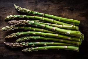 raw asparagus spears of great quality in a wood corner