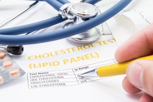 general practitioner checks cholesterol levels in patient test results on blood lipids