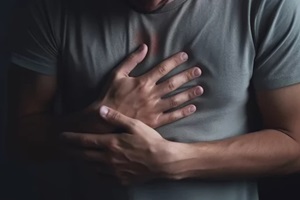 man with heart pain in his chest, keeps his hands on his chest