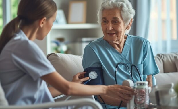 elderly woman's blood pressure monitored by Durham, NC nurse