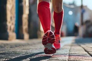 woman in red compression socks for protect cardiovascular care and blood pressure management