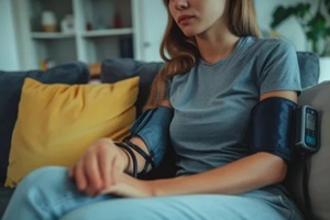 close-up of arm of young woman sitting on couch checking high blood pressure and heart rate with self-monitoring digital arm monitor machine at home