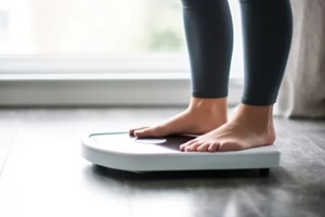 closeup of woman standing on bathroom scale