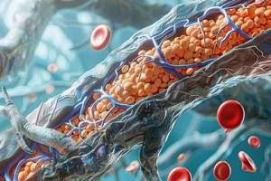 lipoprotein particles in arterial wall, high detail, side perspective