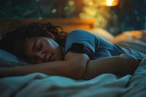 person sleeping soundly in a comfortable bed with a sleep tracker on their wrist in Durham, NC