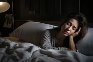 sad sleepless woman sitting at night in her bed, concept of insomnia and anxiety disorder