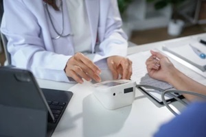 Durham, NC primary care doctor measuring blood pressure of patient in hospital office