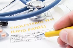 general practitioner checks cholesterol levels in patient test results on blood lipids