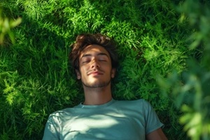 man relaxing on grass in sunlit nature, arms behind head, peaceful outdoor moment