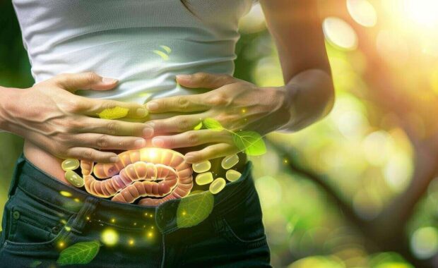 woman holding stomach with a superimposed illustration of intestines surrounded by green leaves