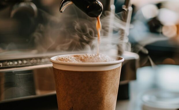 barista pours freshly brewed coffee into a paper cup, with steam rising gently into the air