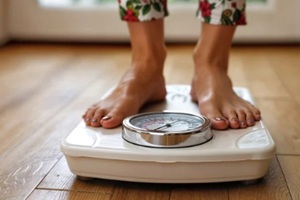 person standing on a weighing scale, focusing on health and weight management