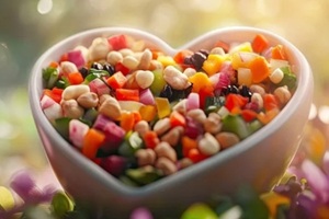 heart-shaped bowl filled with a variety of colorful vegetables and nuts