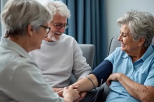 Senior couple taking blood pressure