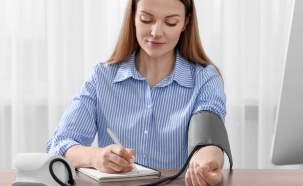 NC woman measuring blood pressure and writing it down into notebook at wooden table in room