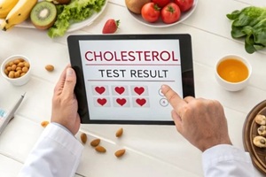 doctor holding digital tablet displaying cholesterol test result with healthy foods around