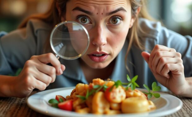 Woman scrutinizes dish with magnifying glass