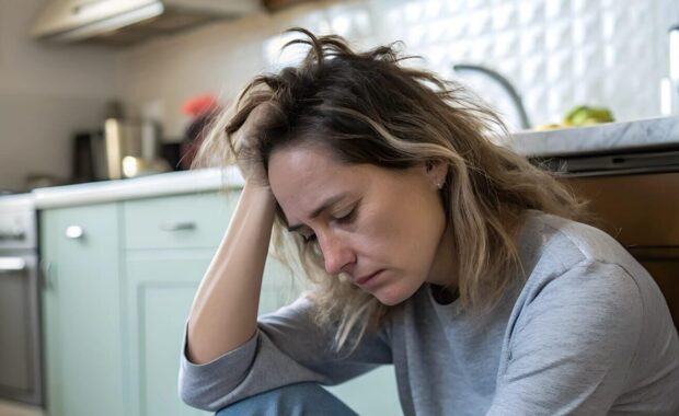 sad woman sitting on kitchen floor with her head resting on her hand