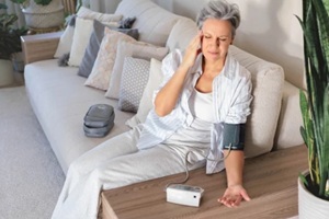elderly women having headache with blood pressure management issues