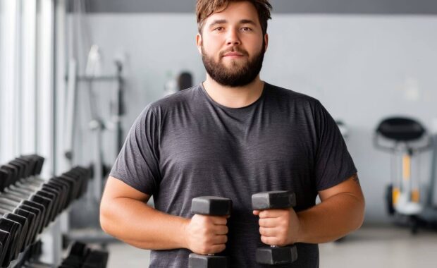 NC man with obesity standing at the gym, holding dumbbells, ready to start his workout routine