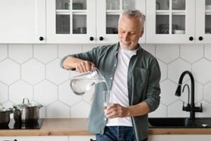 thirsty senior man pouring water from jug to glass in kitchen interior