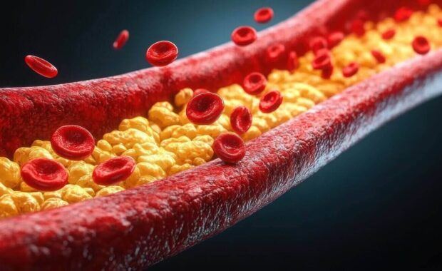 blood flow in artery with cholesterol deposits red blood cells