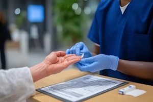 cholesterol testing in clinic with nurse and patient interaction