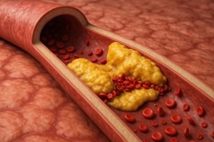 plaque buildup in a blood vessel causing reduced blood flow