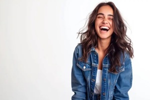 portrait of crazy optimistic little girl wearing casual clothes hearing funny joke