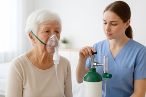 Nurse Assisting Elderly Woman with Oxygen Therapy During Treatment