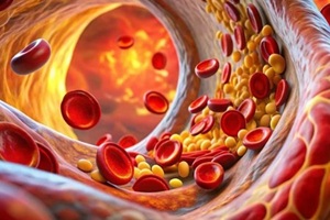red blood cells with deposited cholestrol in an artery