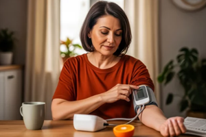 adult woman using a smart device to measure blood pressure at home