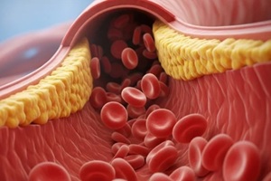 close up of artery wall with cholesterol plaque and flowing red blood cells