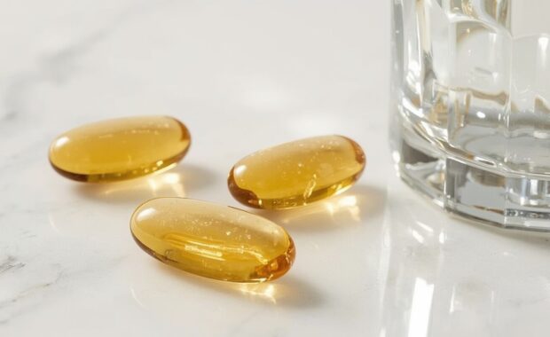 close-up of oval omega-3 fish oil soft gel and glass of water