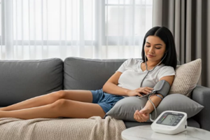 woman lying on sofa while checking her blood pressure 