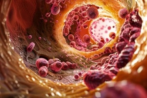 close-up of cholesterol in a blood vessel with cells and plaques