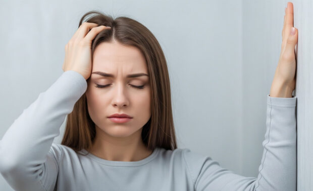 dizzy female standing and holding head