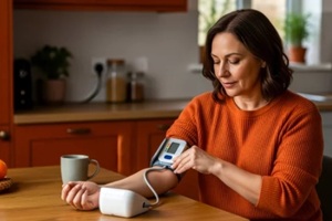 european woman checks pressure with digital tonometer