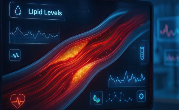 lipid levels and artery blockage visualized on digital medical monitor showing cholesterol buildup and heart health data in futuristic clinical setting