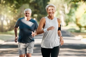 couple and running fitness health for body and heart wellness with natural ageing