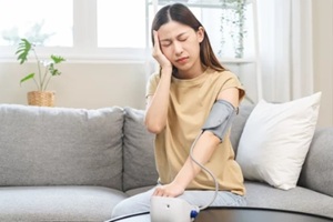 sick asian young woman dizzy, faint sitting on couch check up low blood pressure with digital pressure monitor
