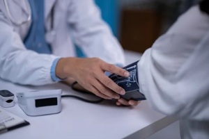 doctor measuring blood pressure of patient in hospital room