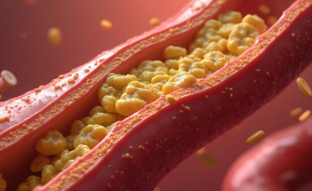 red blood vessel with cholesterol buildup