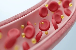 high cholesterol level with fatty acid and red blood cells in an artery concept of hyperlipidemia 3d illustration