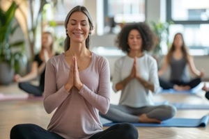 corporate wellness program with staff doing yoga, healthy corporate culture