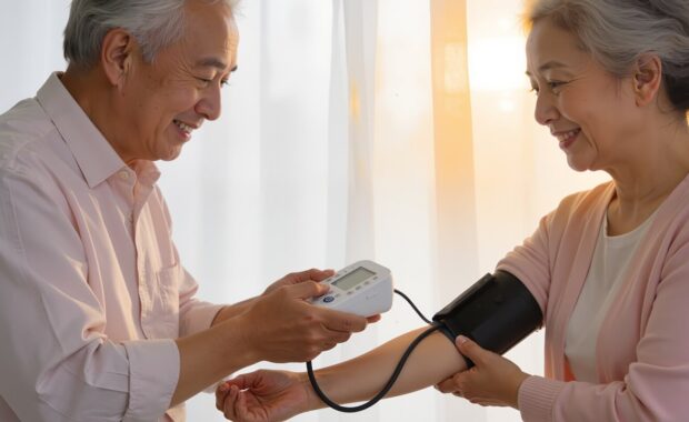 elderly couple checking blood pressure