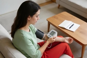 women measunring blood pressure at home