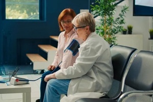 doctor and asian woman using tonometer to measure hypertension